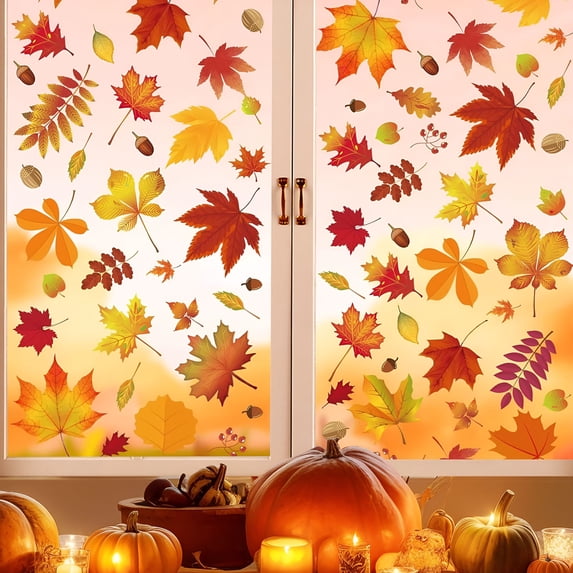 CCOCC Thanksgiving Fall Maple Leaf Sticker,Autumn Window Clings for Glass,Window Decals for Halloween Thanksgiving Decor,Reusable Static Leaves Autumn Stickers Decor Home Office Classroom