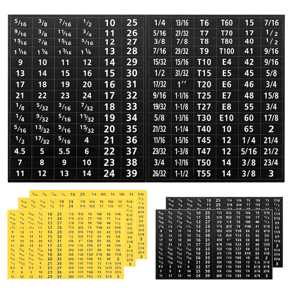 CCOCC Tool Labels,6 Sheet(180 Pcs/Sheet) Total 1080 Pcs Wrench Socket Screwdriver Size Stickers for Toolbox Sets Decals Tools Labeling Organization,Black Yellow