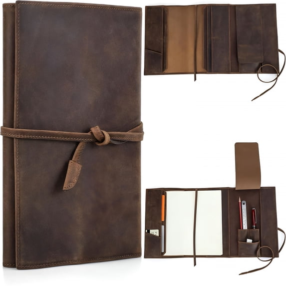 CCOCC Top Grain Genuine Leather Travel Notebook Cover for Man&Woman,Handmade Vintage Design,Leather Refillable Journal Cover Fits A5 Size Notebook/Paper/Pen/Stationeries/Cards/Tickets,Coffee