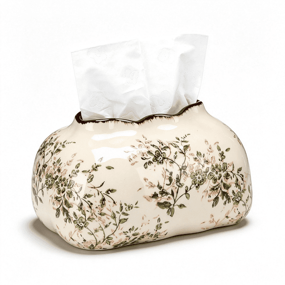 CCOCC Vintage Floral Ceramic Tissue Box Cover Chinoiserie Decorative Tissue Holder Retro Rustic Farmhouse Home Decor for Bathroom Vanity Table Living Room Bedroom Kitchen Office Green and Beige