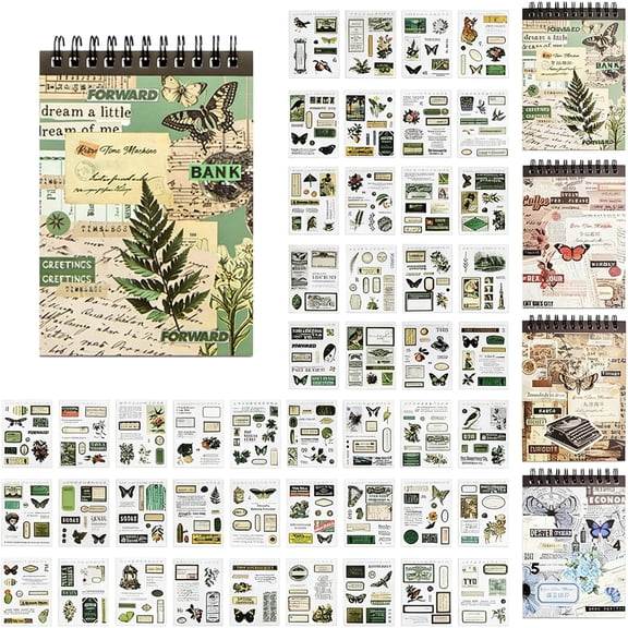 CCOCC Vintage Scrapbook Sticker Supplies,50 Sheets Washi Paper Self-Adhesive Stickers for Junk Journal,Bujo,Collage,Adult Crafts Arts,Letters Diy Misty Green Hills