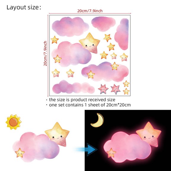 CCOCC Wall Paper,Night Glow Clouds & Stars Wall Decals,Eco-Friendly PVC Wall Stickers,20*20CM,Pink