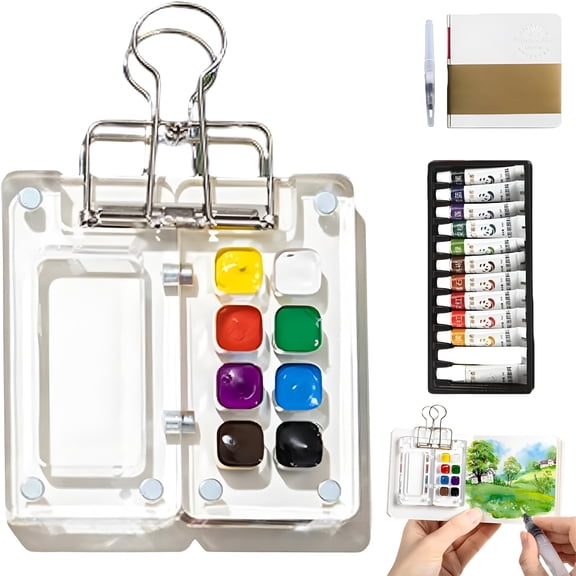 CCOCC Watercolor Kit, Mini Watercolor Paint Set with Water Brush and Sketchbook, Portable Travel Palette 12/24 Colors, Wooden or Acrylic Clip-On Watercolor Kit for Beginners and Artists