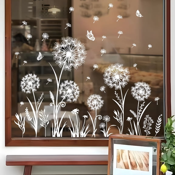CCOCC White Dandelion Flowers Window Clings Spring Summer Wildflower Grass Butterflies Window Decals Double-Sided Anti-Collision Static Stickers for Home Glass Door Decoration