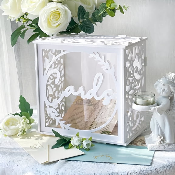 CCOCC White Wedding Card Box for Receptions,Pvc Gift Card Box for Wedding with Acrylic Windows,Rustic Envelope Money Gift Box for Anniversary,Bridal,Baby Showers,Graduation,Birthday Party