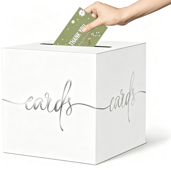 CCOCC White Wedding Card Box with Silver Foil Design, Paperboard 8.7" Card Box for Graduation Birthday Party Reception Retirement Anniversary Bridal &Amp; Baby Shower