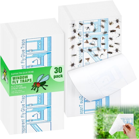CCOCC Window fly traps indoor clear, 30 Pack XL, Extra Large Fly Paper Sticky Strips, Waterproof & Non Toxic Clear Sticky Traps for Windows, Bug Catcher for House, Kitchen and Office (8.3"5")