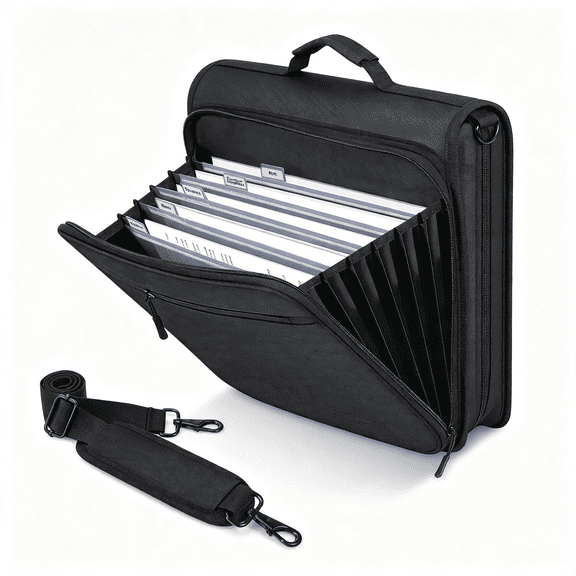 CCOCC Zipper Binder,2-Inch 3-Ring,500 Sheets,5-Tab File Folders,Black,420D Nylon with Five Dividers,Multiple Pockets,A Padded Handle and Adjustable Shoulder Strap.