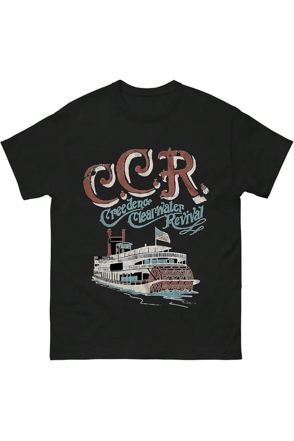 CCR Band Tribute Retro Tee Creedence Clearwater Revival With Steamboat Graphic Black T Shirt Cotton Menswear Top Casual Tshirt