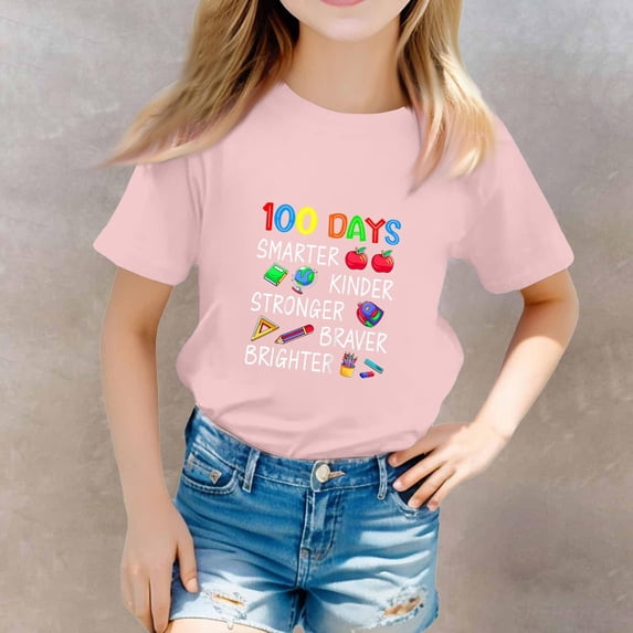 CCRFTGI 100 Days Of School Shirt for Child Girls Boys 7-8 Cute Party T Shirts Summer Shirts Boys Clothes Fashion 100 Days Of School Costume Pink 5-6 Years
