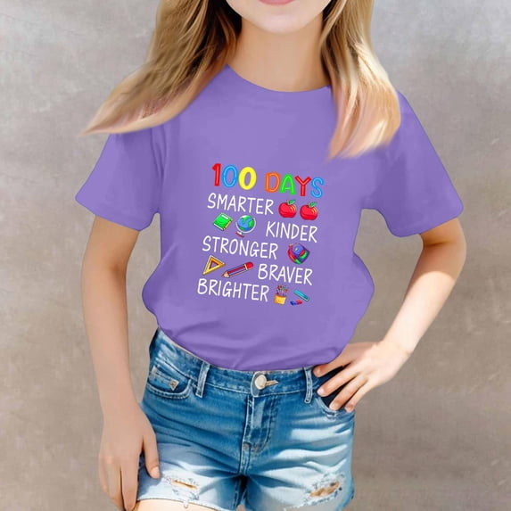 CCRFTGI 100 Days Of School Shirt for Children Girls Boys 10-12 Cute Holiday Tee Top 2026 Summer Tops Girls Fashion 100th Day Of School Shirt Purple 5-6 Years