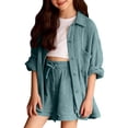 thumbnail image 1 of CCRFTGI 2 Piece Sets for Kids Girls Size 10-12 Casual Linen Sets Teenage Summer Long Sleeve Cotton Linen Button Down Shirt Baggy Wide Leg Shorts Big Sister Outfit Activewear Light Blue 14-15 Years, 1 of 5