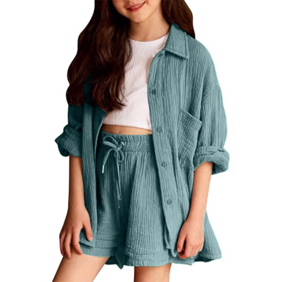 CCRFTGI 2 Piece Sets for Kids Girls Size 10-12 Casual Linen Sets Teenage Summer Long Sleeve Cotton Linen Button Down Shirt Baggy Wide Leg Shorts Big Sister Outfit Activewear Light Blue 14-15 Years