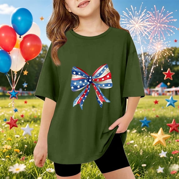 CCRFTGI 250 Anniversary USA Flag Shirts for Children Girls Size 10-12 Short Sleeve Happy Bow USA Flag Summer Casual T-Shirts 1776 Festival Teen Girl Clothes Tops Army Green 2-3 Years