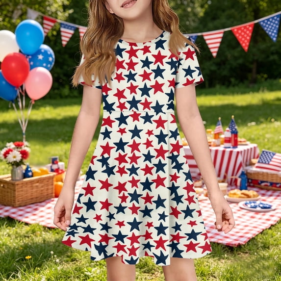 CCRFTGI 250 Anniversary USA Flag Short Sleeve Dress for Girls Size 7 with Pockets Cute American Flag Stars Toddler Girl Clothes Summer 4th Of July Dress Beige 7-8 Years