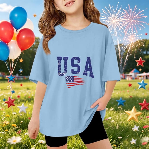 CCRFTGI 250 Anniversary USA Flag USA Tops for Child Girls Size 8 Short Sleeve Funny USA Flag Summer Cute Tunic Blouses Patriotic Girls Fashion Tee Tops Blue 5-6 Years