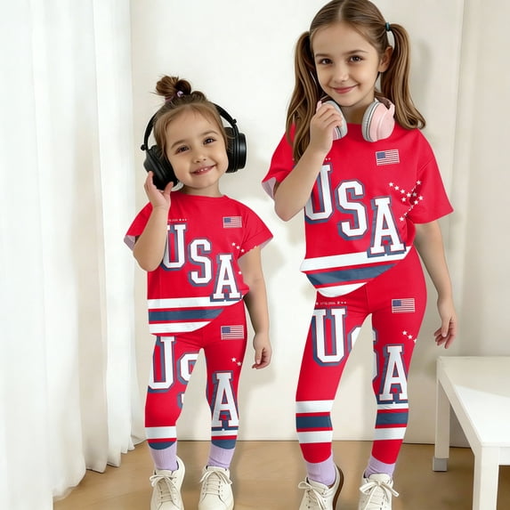 CCRFTGI 250 Anniversary Usa Summer Outfits for Child Girls Size 7 Cute 1776 2 Piece Outfits USA Flag T Shirts and Leggings Elastic Waist Athletic Summer Outfits for Girls Vermilion 2-3 Years