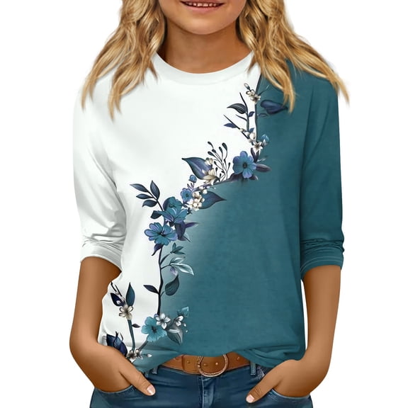 CCRFTGI 3/4 Length Sleeve Shirts for Girls Size 12 Blue Basic Tween Girls Clothes Size Trendy Crewneck Cute Floral Print T Shirts Kids Spring Outfits 10-12 Years