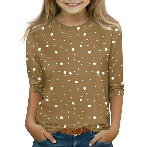 CCRFTGI 3/4 Length Sleeve Shirts for Girls Spring Cute Polka Dot Print Shirts Size 10-12 Shirt Trendy Kids Crew Neck Tshirt Plain Tween Girls Clothes Khaki 15-16 Years