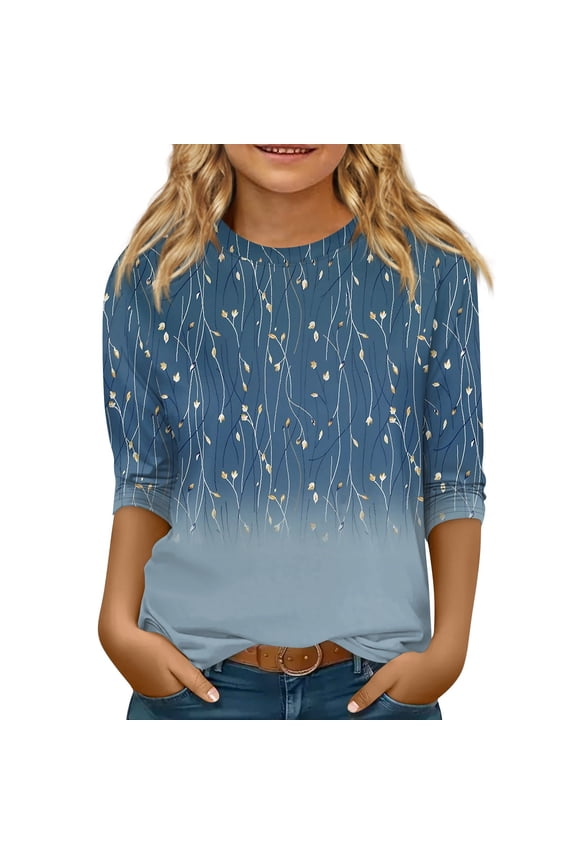 3/4 Length Sleeve Shirts for Girls Spring Trendy Plain Shirts Size 10-12 Kids Crewneck Tshirts Cute Floral Graphic Girls Tops Tween Girls Clothes Dark Blue 10-12Years