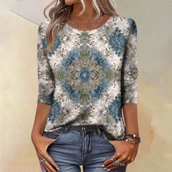 CCRFTGI 3/4 Length Sleeve Womens Tops Casual Crew Neck Tunic Tops Fashion Vintage Floral Print T Shirts Cute Fall 2025 Tops White S