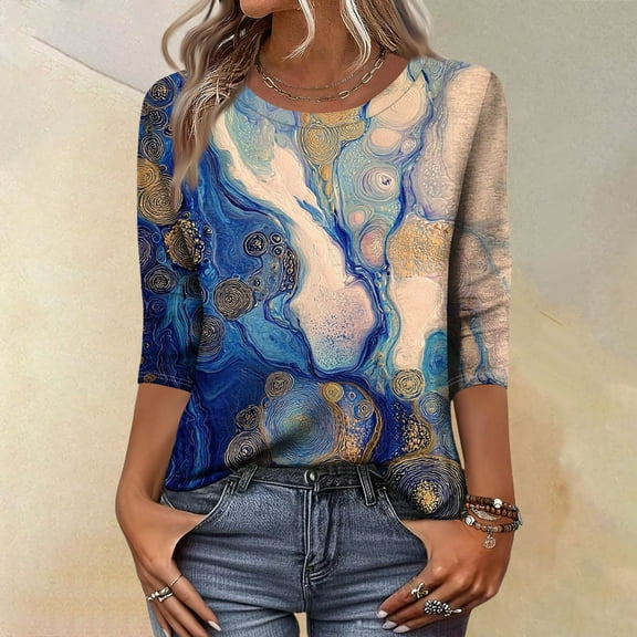 CCRFTGI 3/4 Length Sleeve Womens Tops Dressy Casual Crew Neck Tunic Blouses Fashion Vintage Floral Print Shirts Business Work Fall Tops Blue S