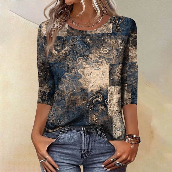 CCRFTGI 3/4 Length Sleeve Womens Tops Dressy Casual Crew Neck Tunic Blouses Fashion Vintage Floral Print Shirts Cute Fall 2025 Tops Dark Blue S