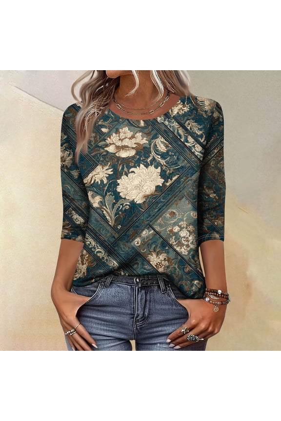 3/4 Length Sleeve Womens Tops Dressy Casual Crew Neck Tunic Blouses Fashion Vintage Floral Print T Shirts Loose Fit Fall Tee Top Army Green XXL
