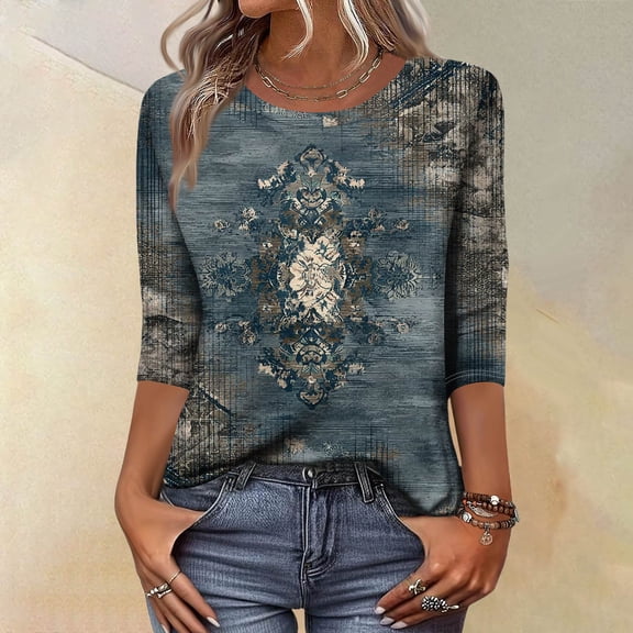 CCRFTGI 3/4 Length Sleeve Womens Tops Dressy Casual Crew Neck Tunic Tops Fashion Vintage Floral Print Shirts Business Work Fall Tee Top Navy M