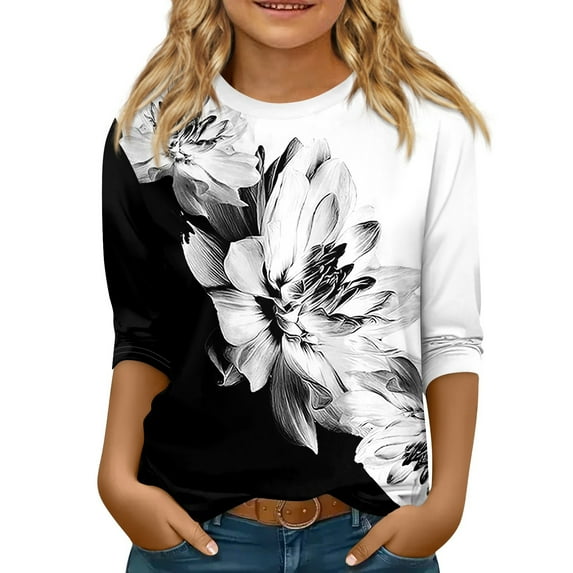 CCRFTGI 3/4 Sleeve Shirts for Girls Fall Cute Plain Shirts Size 10-12 Kids Crew Neck Tshirt Trendy Girls Tops Tween Girls Floral Print Clothes Dark Gray 7-8Years