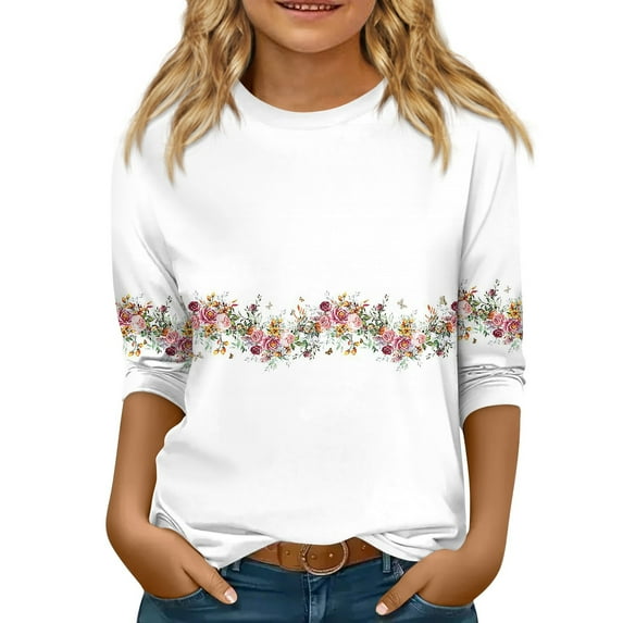CCRFTGI 3/4 Sleeve Shirts for Girls Fall Trendy Girls Tops Size 10-12 Kids Crew Neck T Shirts Cute Plain Tween Girls Floral Print Clothes White 9-10 Years