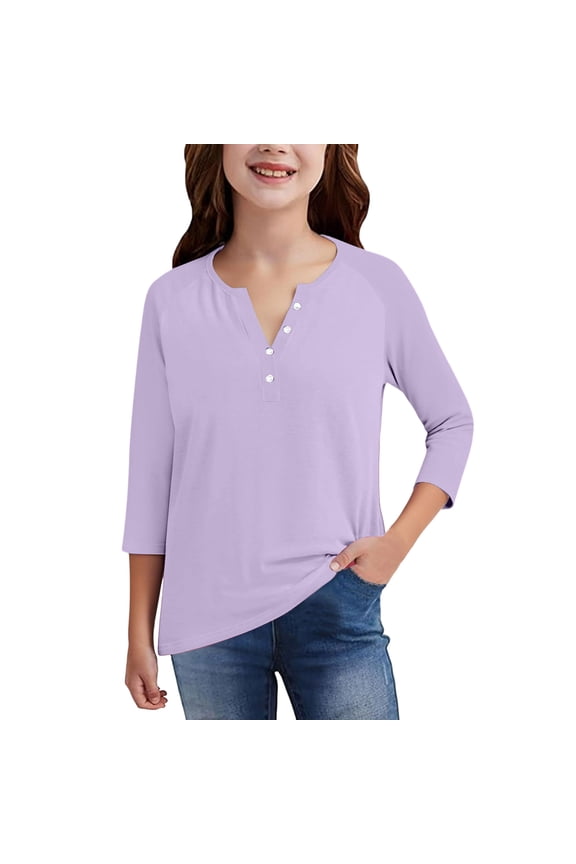 3/4 Sleeve Shirts for Kids Girls Size 6 Funny Solid Raglan T Shirts Holiday V-Neck Button Tshirts Soft Spring Day Tee Tops Light Purple 7-8 Years