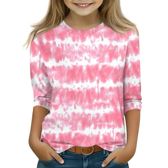 CCRFTGI 3/4 Sleeve Shirts for Girls Fall Cute Shirts Size 10-12 Kids Crewneck Tshirt Trendy Girls Tops Tween Girls Tie Dye Clothes Pink 8-9 Years