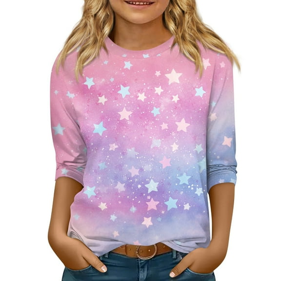 CCRFTGI 3/4 Sleeve Shirts for Girls Kids Tween Girls Fashion Floral Graphics Basic Shirts Crew Neck Comfort Soft Preppy Clothes Purple Pink 6-7Years