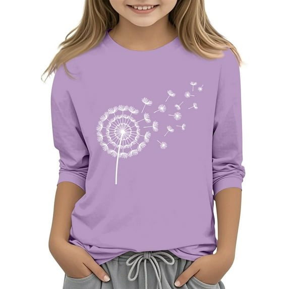 CCRFTGI 3/4 Sleeve Shirts for Kids Girls Size 10-12 Funny Print T-Shirt Trendy Crewneck Shirts Casual Fall Spring Outfit Light Purple 8-9 Years
