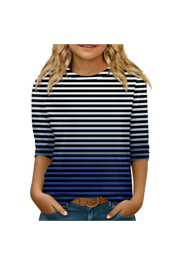 3/4 Sleeve Shirts for Kids Girls Size 7-8 Cute Striped T-Shirt Holiday Crewneck Tshirts Casual Fall Spring Tee Tops Dark Blue 9-10 Years