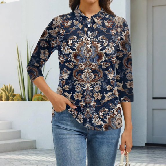 CCRFTGI 3/4 length sleeve womens tops Business Work Polo Shirts Athletic Lapel V Neck Collared Shirts Fall Vintage Ethnic Print Lightweight Button Tees Navy L