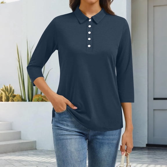 CCRFTGI 3/4 length sleeve womens tops Business Work Polo Shirts Basic V Neck Collared T Shirts Fall Fashion Solid Color Loose Button Up Tees Navy XL