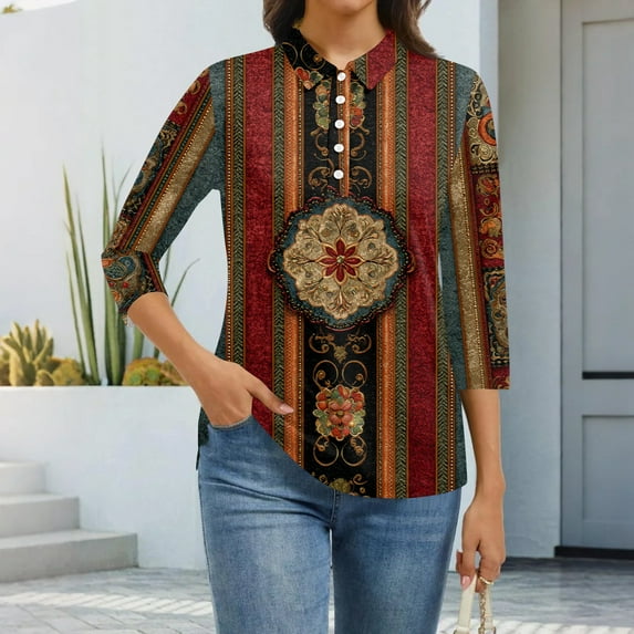 CCRFTGI 3/4 length sleeve womens tops Business Work Polo Shirts Basic V Neck Collared T Shirts Fall Fashion Vintage Floral Print Loose Fit Button Tees Shirts Red XXL