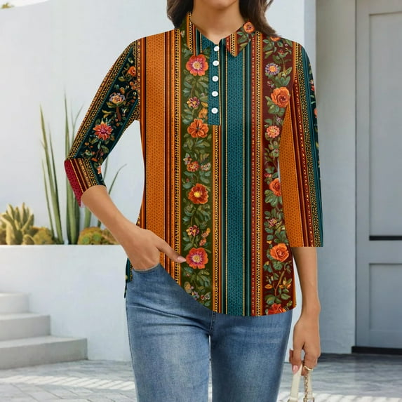 CCRFTGI 3/4 length sleeve womens tops Business Work Polo Shirts Golf V Neck Collared Shirts Fall Fashion Vintage Ethnic Print Loose Button Tees Orange M