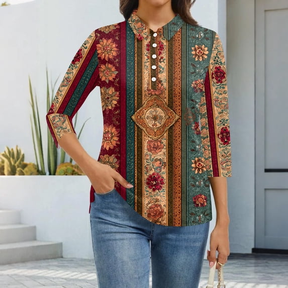CCRFTGI 3/4 length sleeve womens tops Business Work Polos Athletic V Neck Collared Shirts Fall Vintage Ethnic Print Lightweight Button Tees Earthy Yellow M