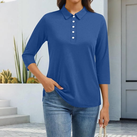 CCRFTGI 3/4 length sleeve womens tops Casual Polo Shirts Athletic Lapel V Neck Collared Shirts Fall Solid Color Loose Fit Button Down Tees Blue S