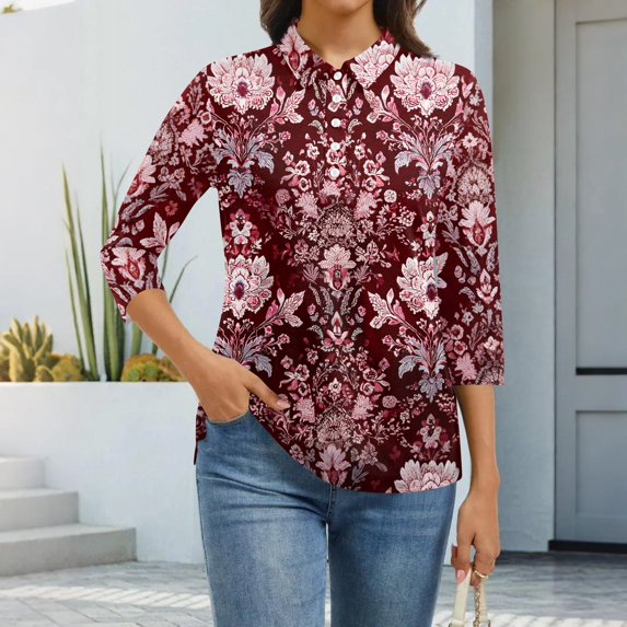 CCRFTGI 3/4 length sleeve womens tops Casual Polo Shirts Athletic V Neck Collared T Shirts Fall Fashion Vintage Ethnic Print Loose Button Up Tees Red XXXL