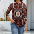 thumbnail image 1 of CCRFTGI 3/4 length sleeve womens tops Casual Polo Shirts Athletic V Neck Collared T Shirts Fall Vintage Ethnic Print Lightweight Button Down Tops Wine L, 1 of 4