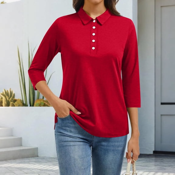 CCRFTGI 3/4 length sleeve womens tops Casual Polo Shirts Basic Lapel V Neck Collared T Shirts Fall Solid Color Lightweight Button Tees Red XL
