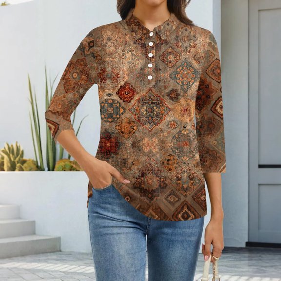 CCRFTGI 3/4 length sleeve womens tops Casual Polo Shirts Basic V Neck Collared Shirts Fall Fashion Vintage Ethnic Print Lightweight Button Down Tees Light Brown XXL