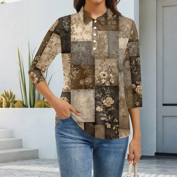 CCRFTGI 3/4 length sleeve womens tops Casual Polo Shirts Basic V Neck Collared Shirts Fall Fashion Western Ethnic Style Loose Fit Button Tees Shirts Khaki XL