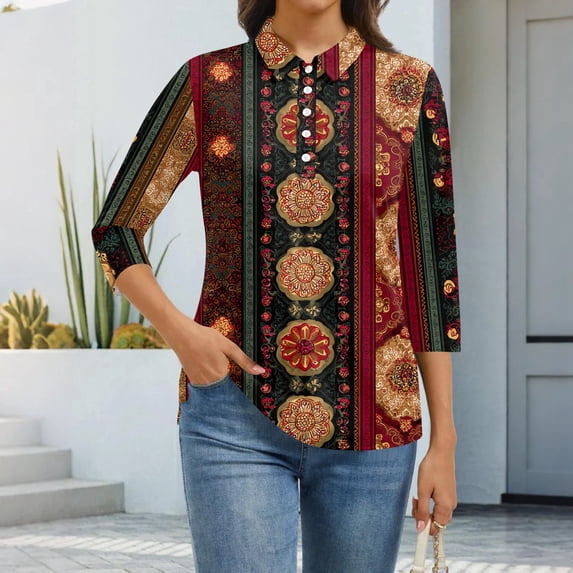 CCRFTGI 3/4 length sleeve womens tops Casual Polos Athletic V Neck Collared Shirts Fall Fashion Vintage Ethnic Print Loose Fit Button Down Tops Red M