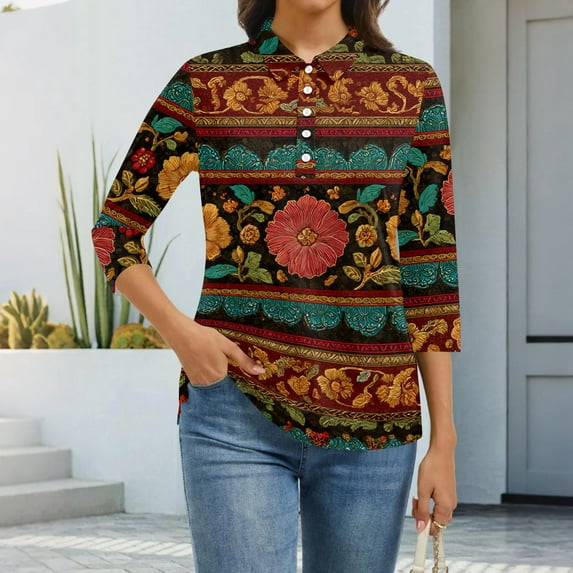 CCRFTGI 3/4 length sleeve womens tops Casual Polos Athletic V Neck Collared T Shirts Fall Fashion Vintage Ethnic Print Loose Fit Button Tees Shirts Cyan M