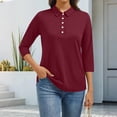 thumbnail image 1 of CCRFTGI 3/4 length sleeve womens tops Casual Polos Basic Lapel V Neck Collared T Shirts Fall Fashion Solid Color Loose Fit Button Up Tees Shirts Wine S, 1 of 4